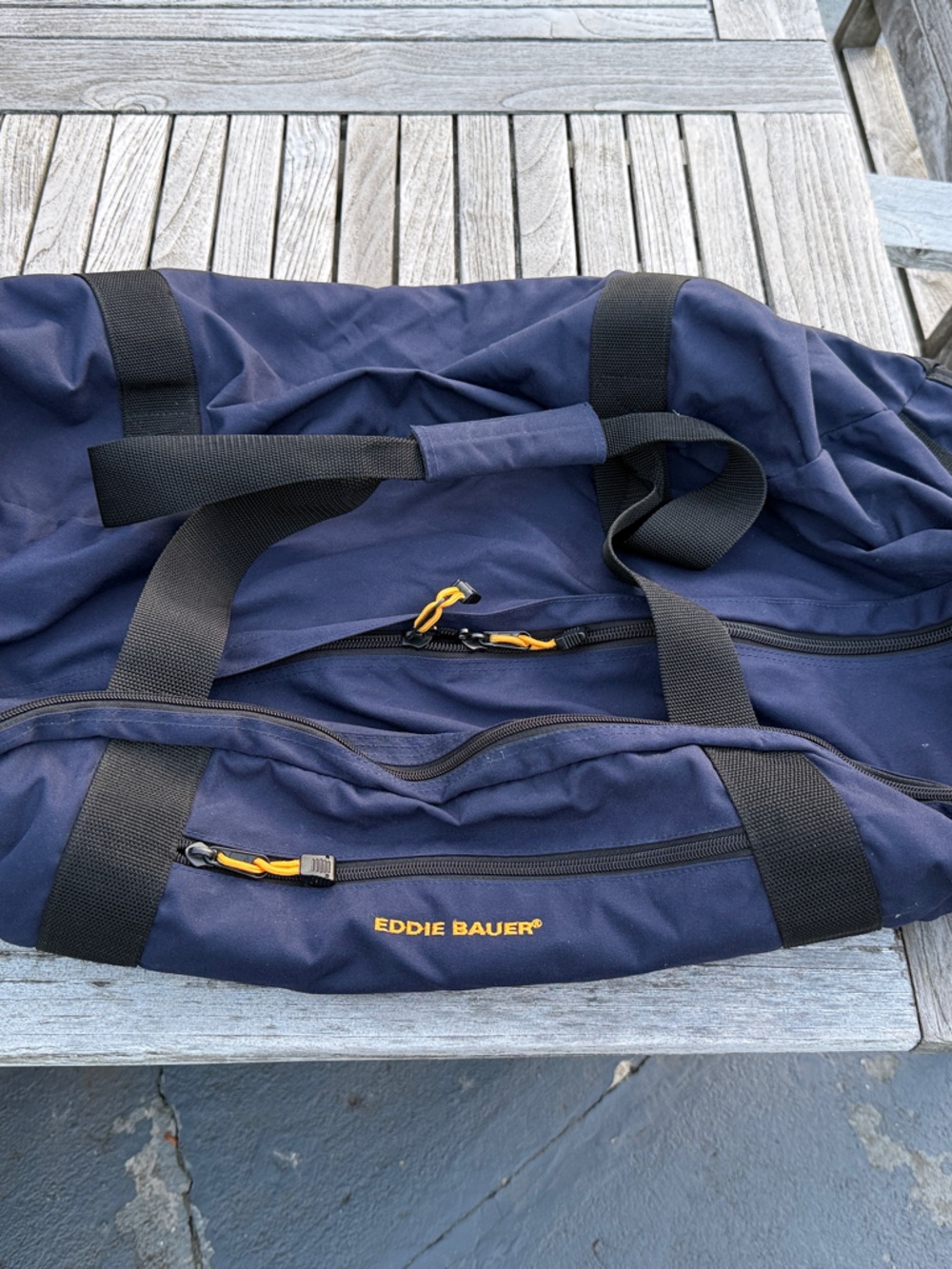 Eddie Bauer Navy Duffel with Yellow Zipper Pulls